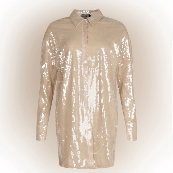 Boohoo Nude Sequin Shirt Dress & Curbed Hem Mini Skirt Two-piece Set - Picture 2 of 11
